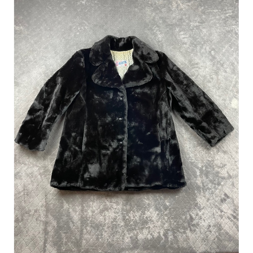 Vintage 50s Black Faux Fur Coat Acofin Button Front Collar Size 10 LINER STAINS